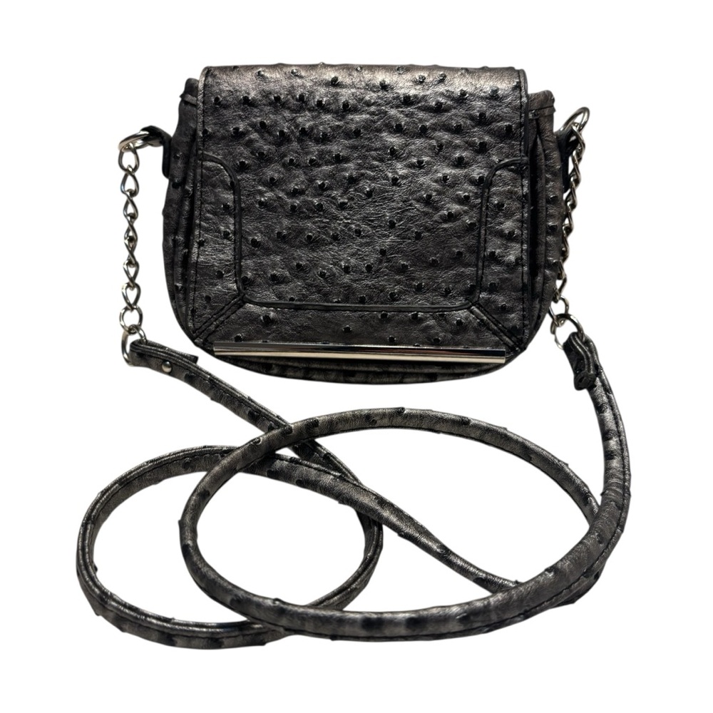 Merona Crossbody Bag Pewter Gray Ostrich Embossed Silver-tone Accents Snap Close